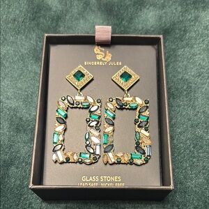 New! Sincerely Jules Gold/Emerald Green/Navy Blue Statement Earrings